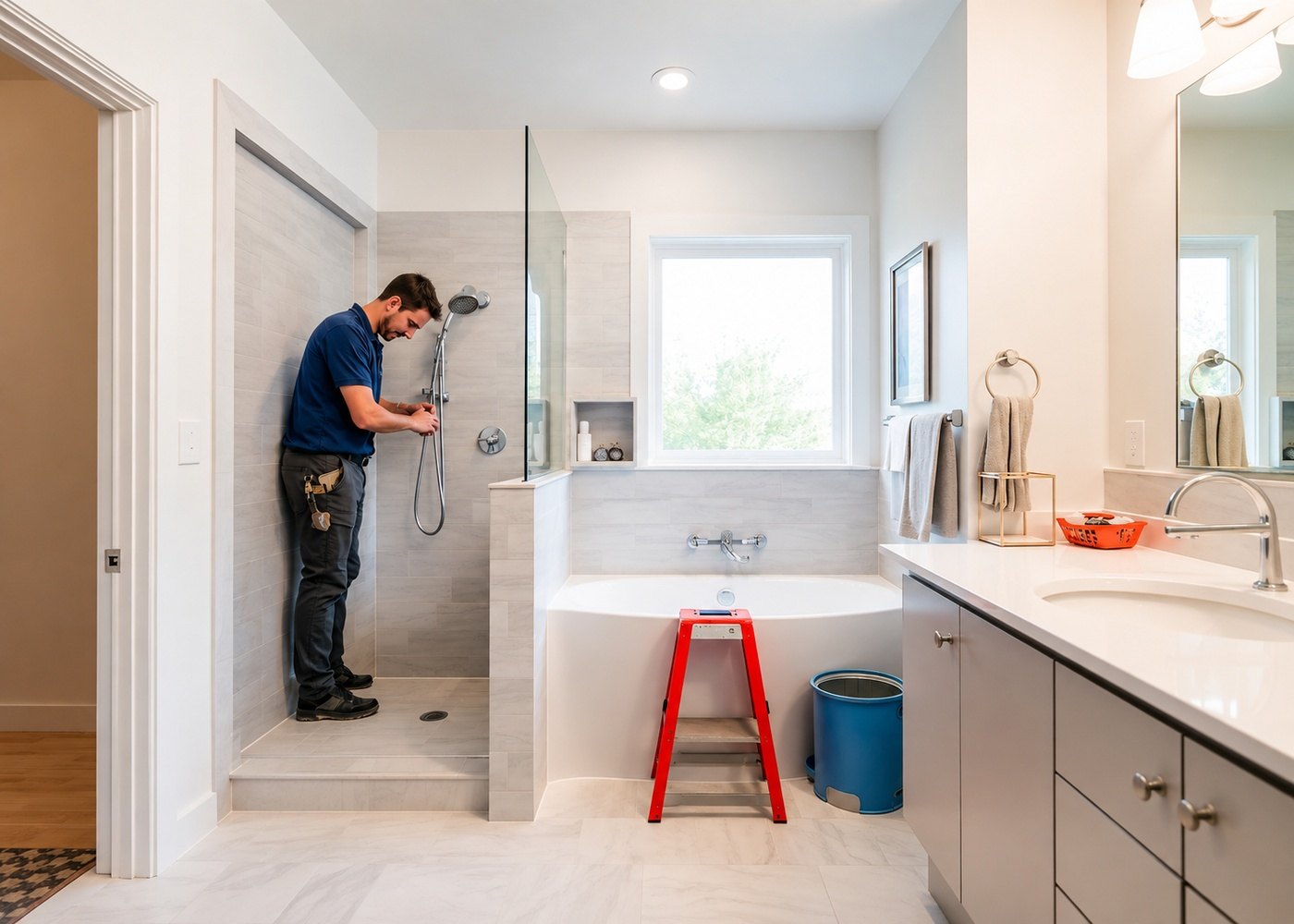Remodeler installing shower fixtures in a newly tiled bathroom