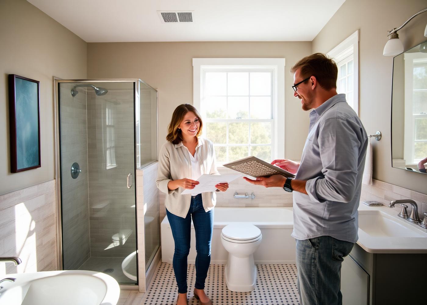 Bathroom remodeler showing tile samples to a homeowner on site