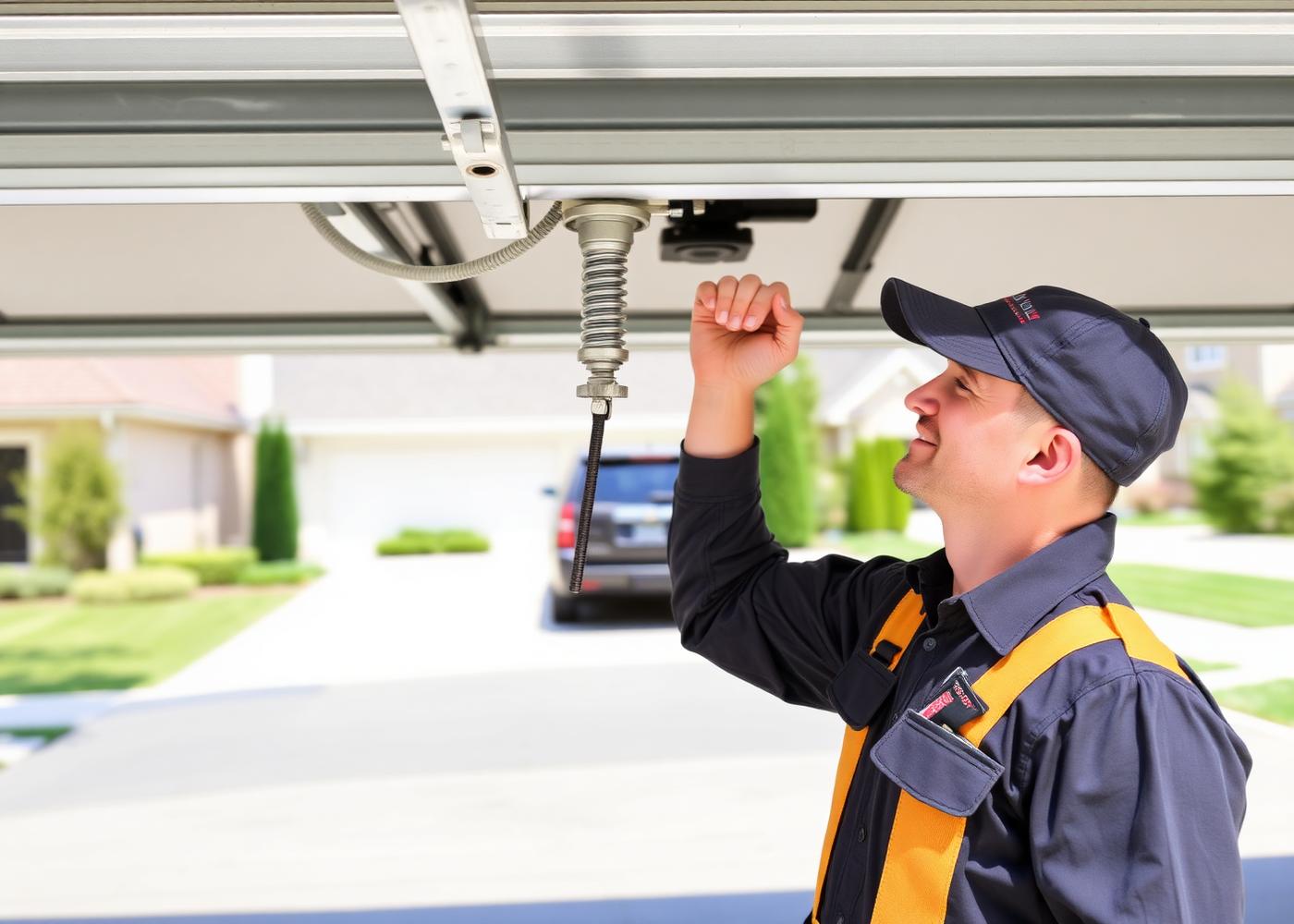 Garage door technician servicing an opener and spring assembly in an open garage