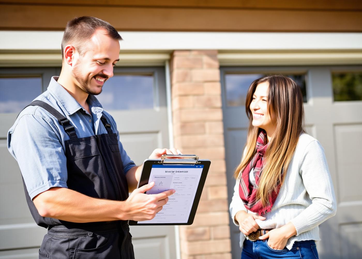 Garage door technician reviewing a written estimate with a homeowner