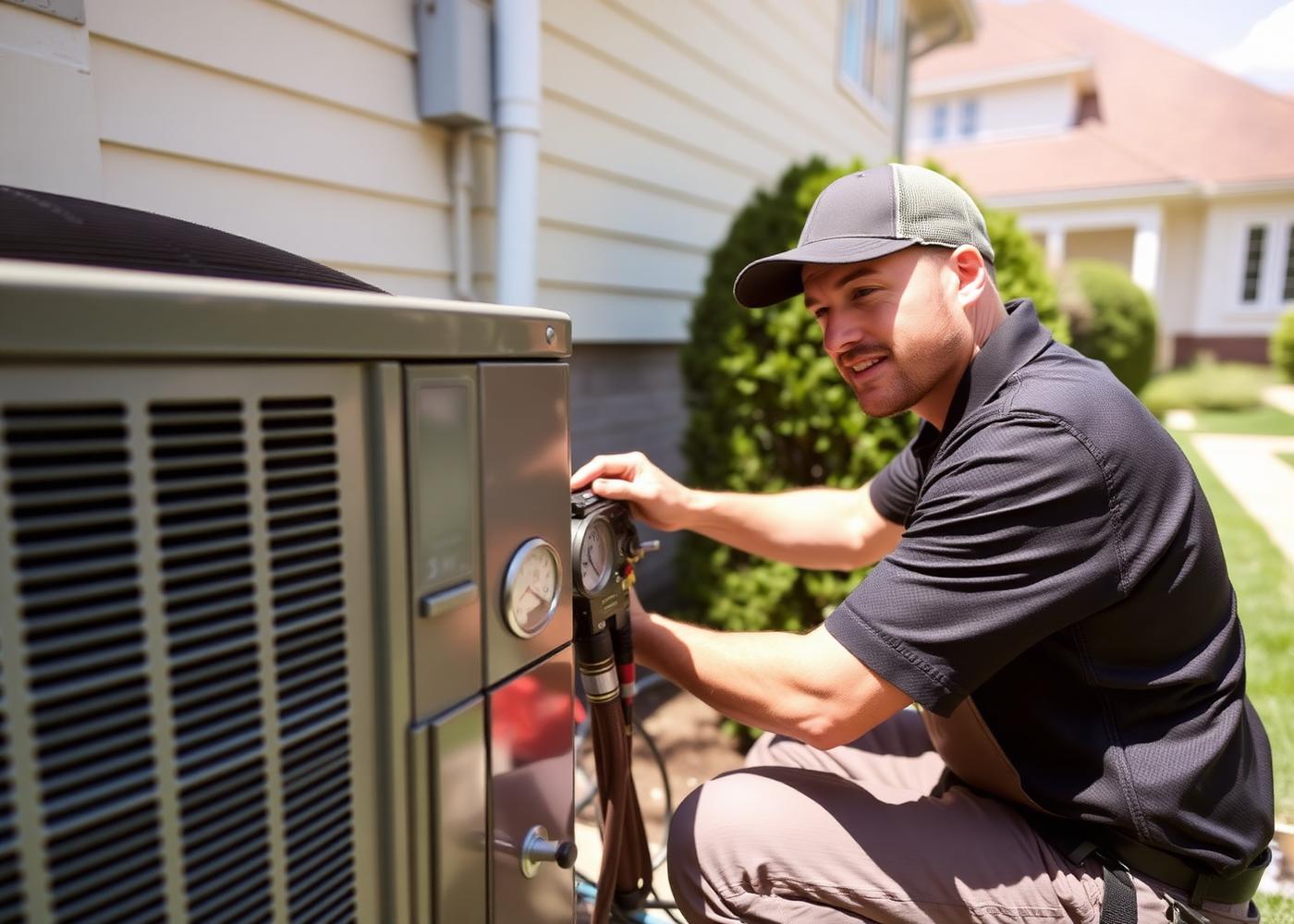 HVAC technician checking refrigerant pressure at an outdoor condenser unit