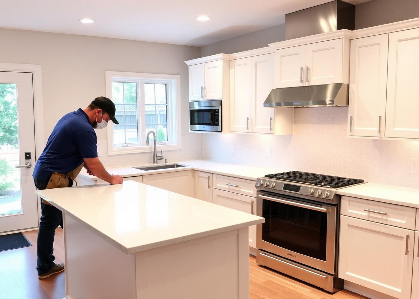 Remodeler working on a quartz island in a newly finished white kitchen