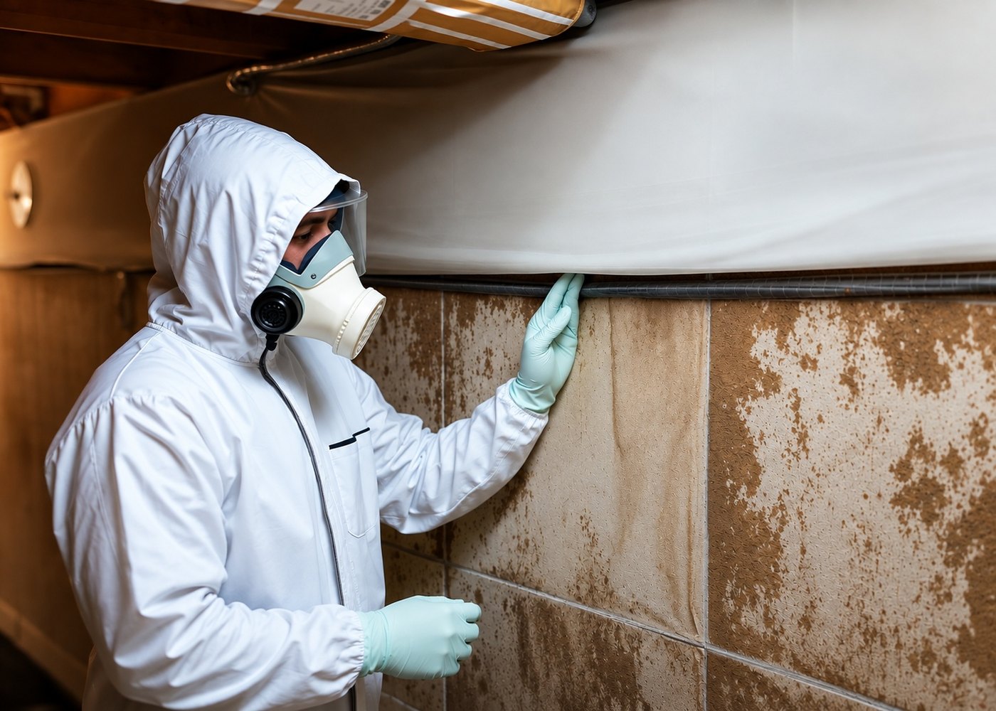 Remediation specialist in coveralls and a respirator inspecting a mold-stained wall