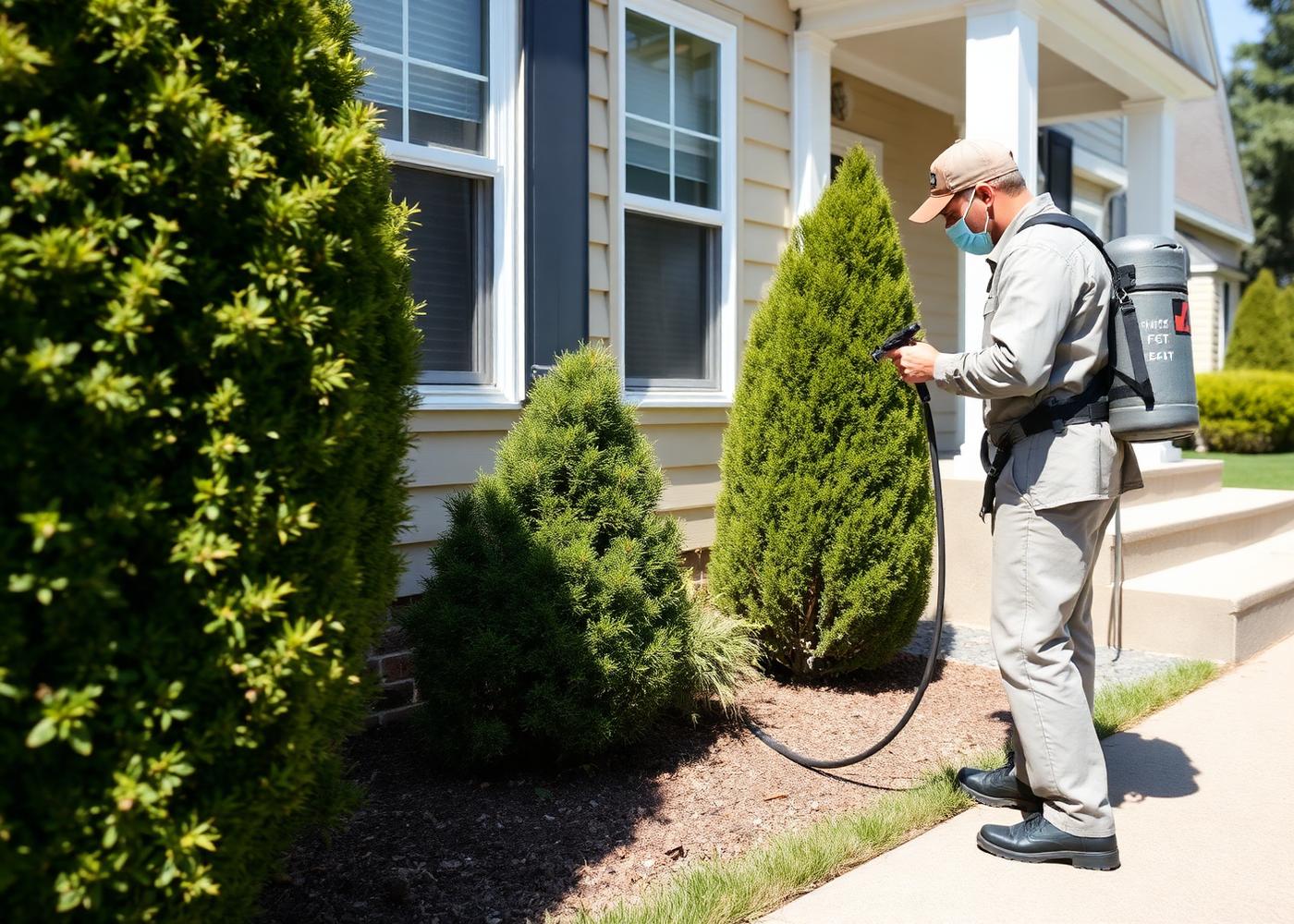 Pest control technician treating shrubs along a home's foundation with a sprayer