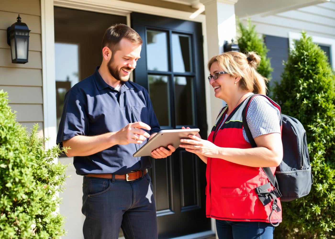 Pest control technician walking a homeowner through a treatment plan on a tablet
