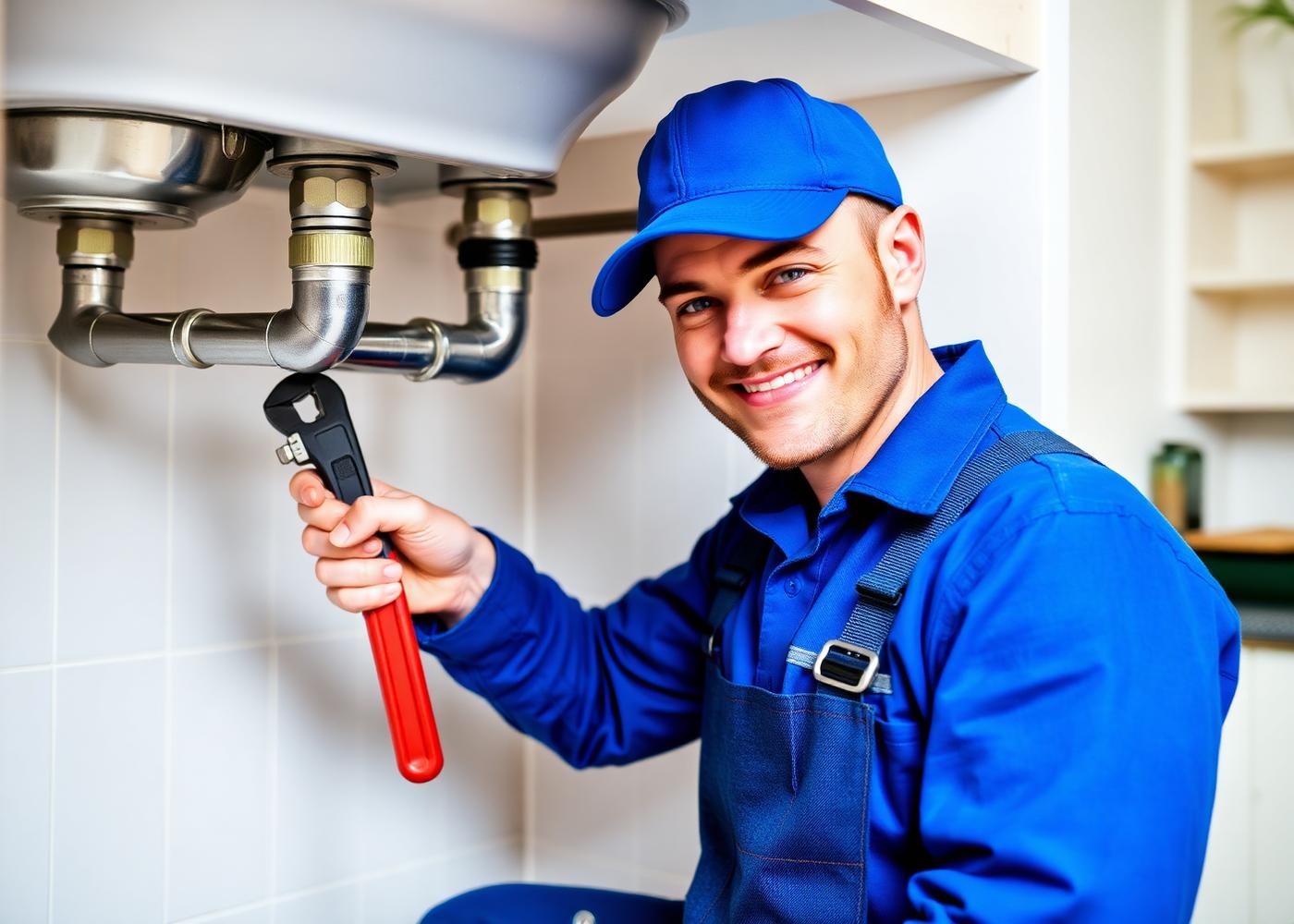 Plumber working under a kitchen sink with a pipe wrench