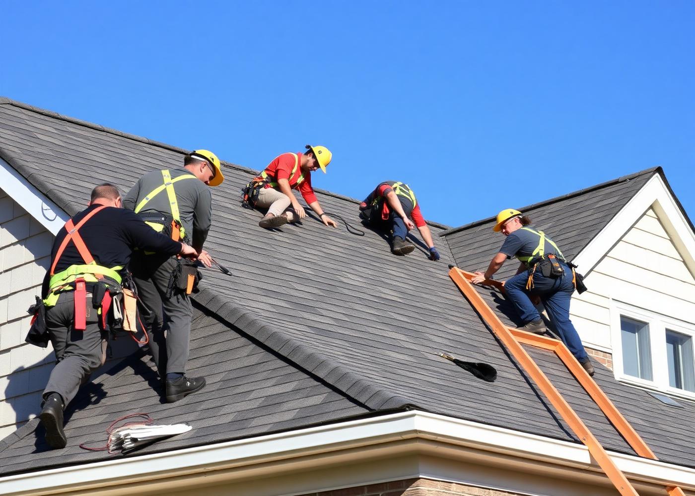 Roofing crew in safety harnesses replacing shingles on a residential roof