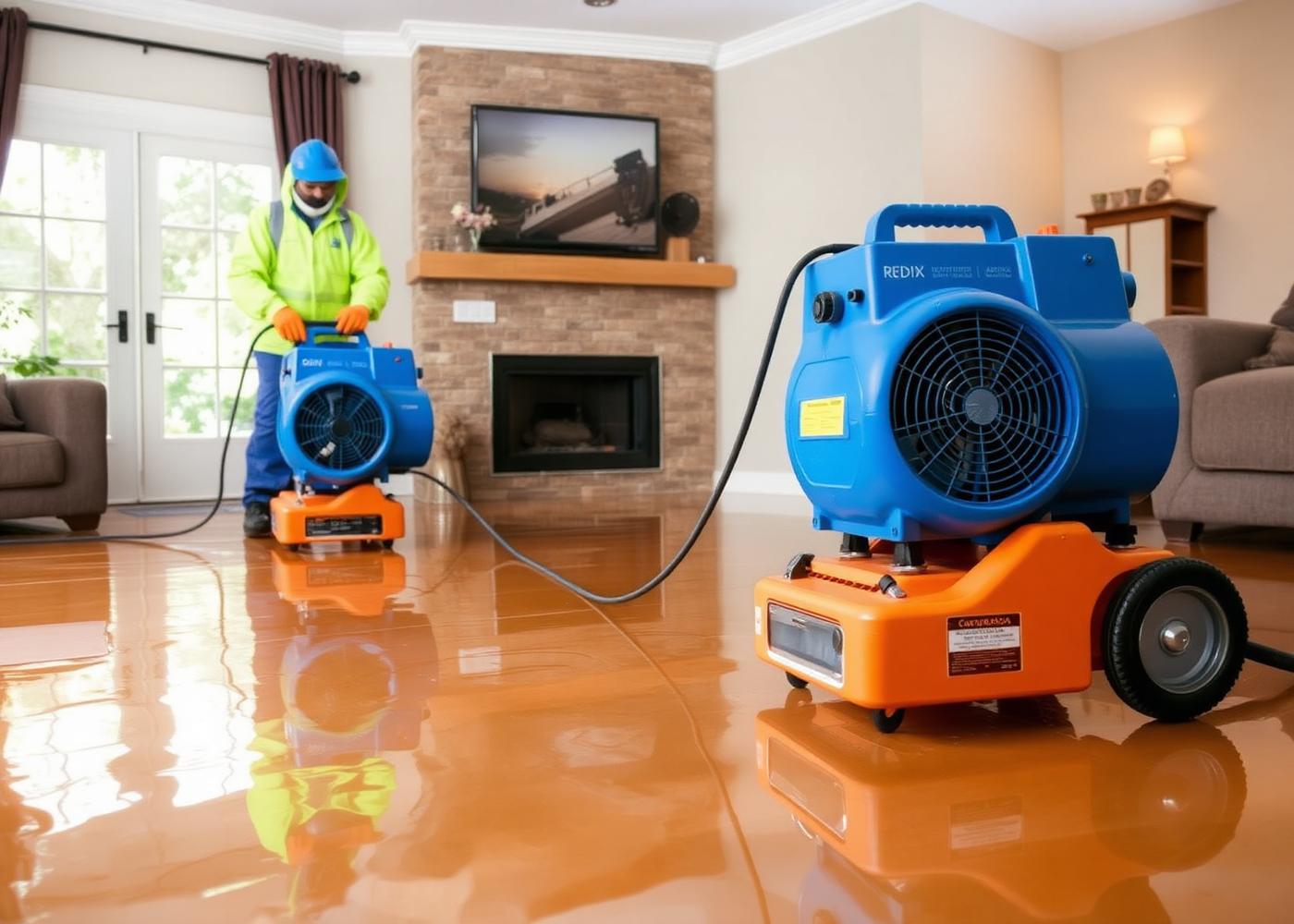 Air movers and a dehumidifier drying a flooded living room floor